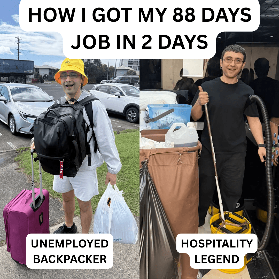 Before and after: Marco as an unemployed backpacker with a suitcase, then working as a hospitality legend with a housekeeping cart in Cairns