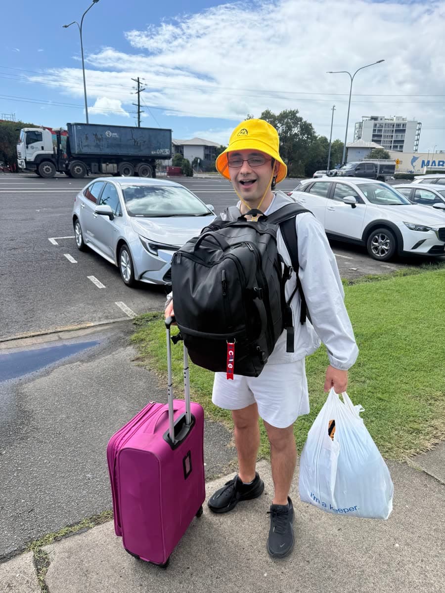 Marco arriving in Cairns with his backpack