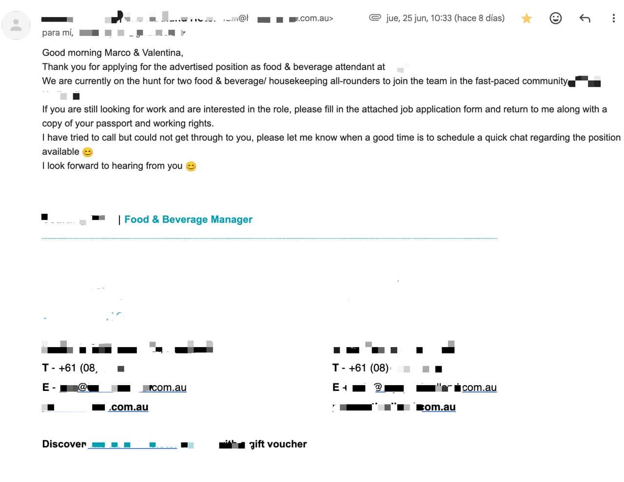 Redacted reply from a venue inviting an interview