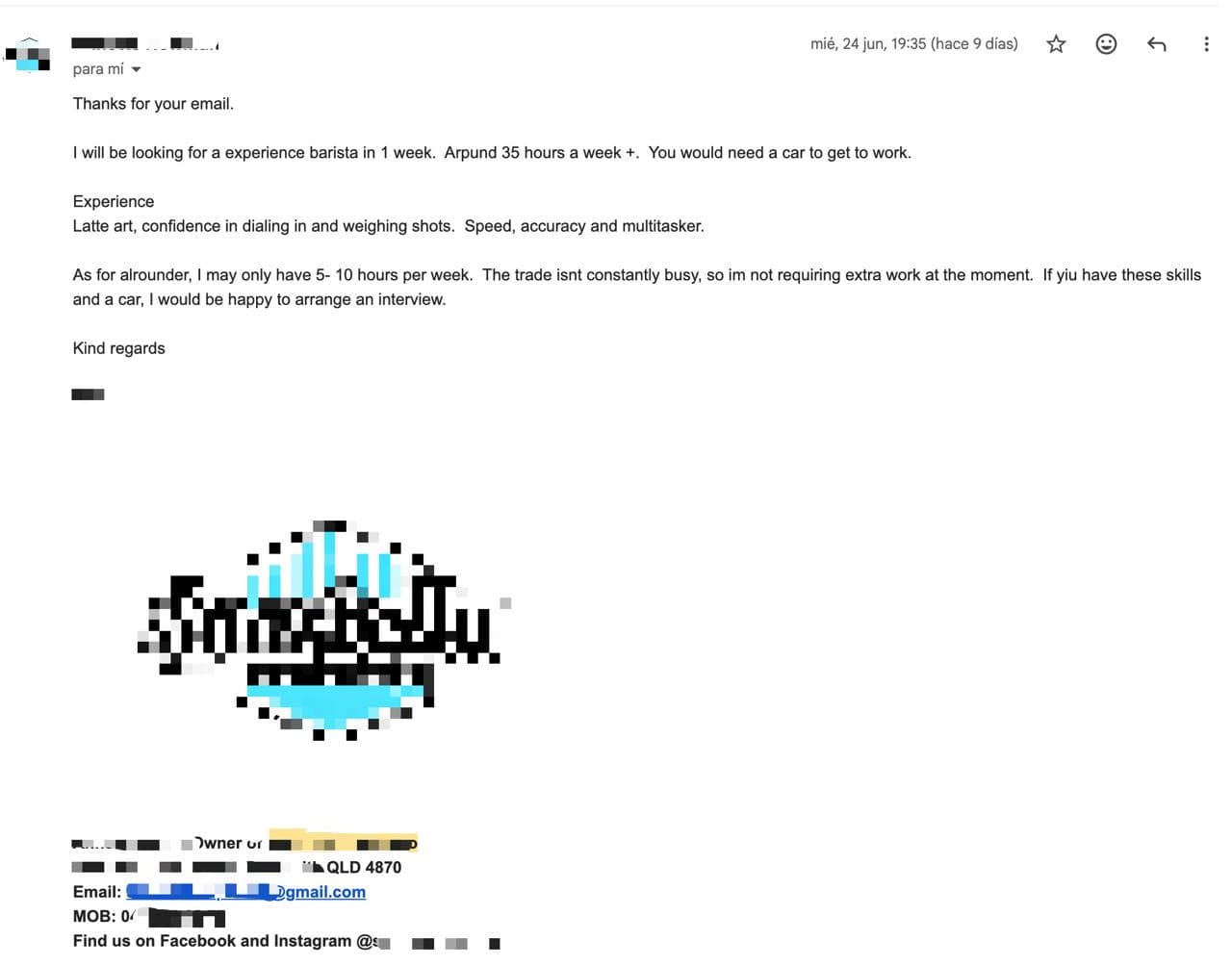 Redacted reply from a Cairns cafe about a barista role