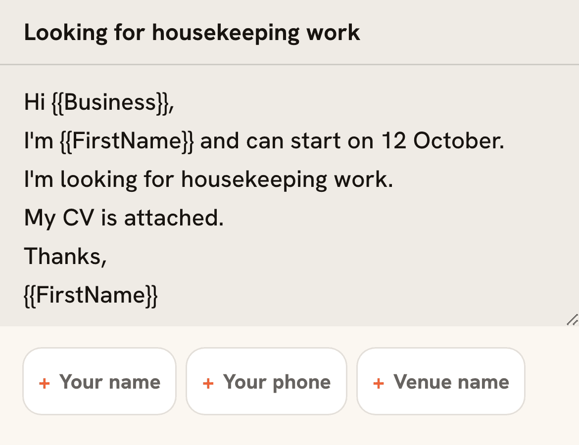Example editable application subject and message with name and employer fields